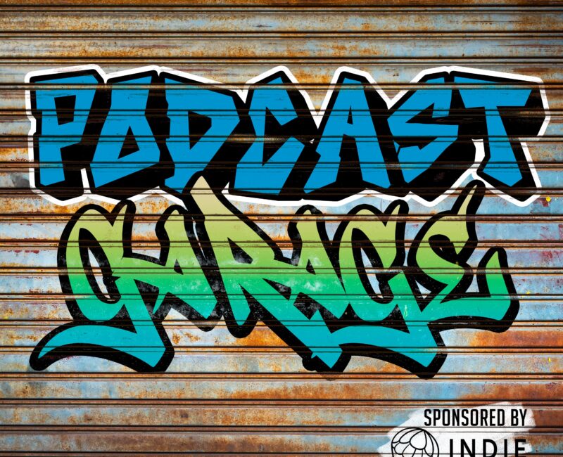 Podcast Garage Logo with Sponsored by Indie Drop-in in the bottom right corner